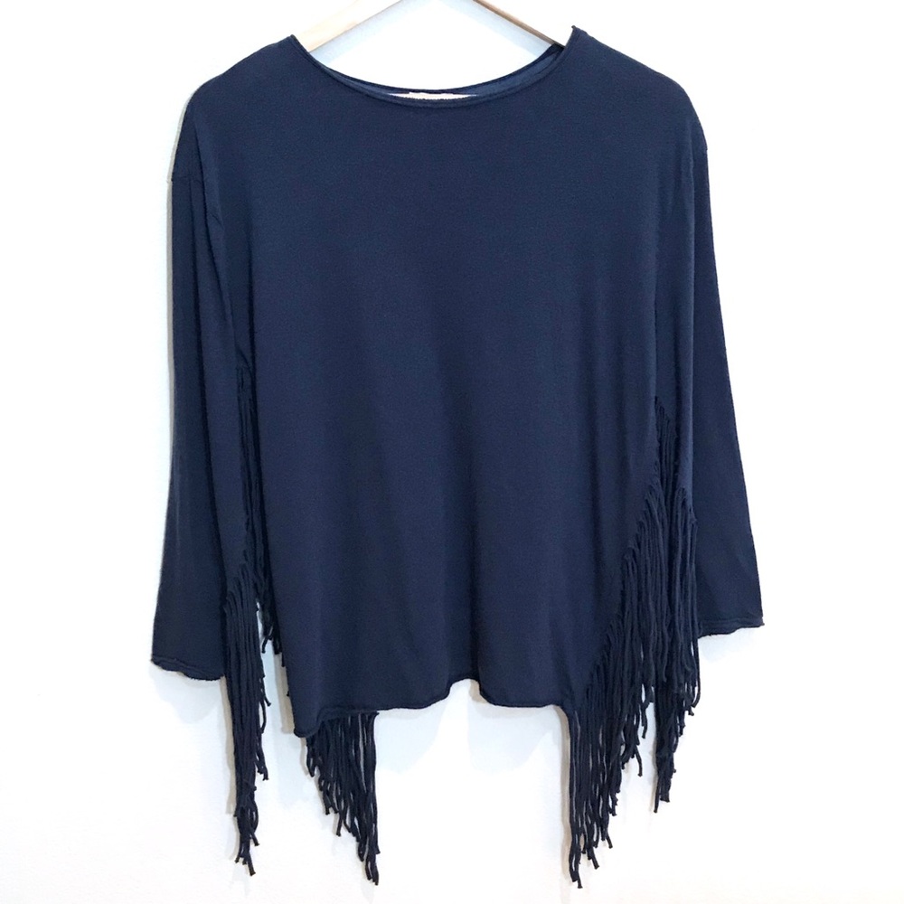 Zara Trafaluc Blue Fringe Pullover Long Sleeve Top
